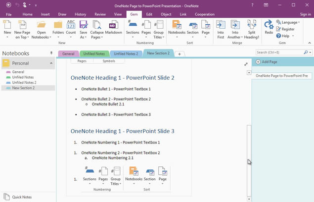 通過數字筆記珍寶轉換 OneNote 頁面為 PowerPoint 演示文稿、幻燈片、文本框。