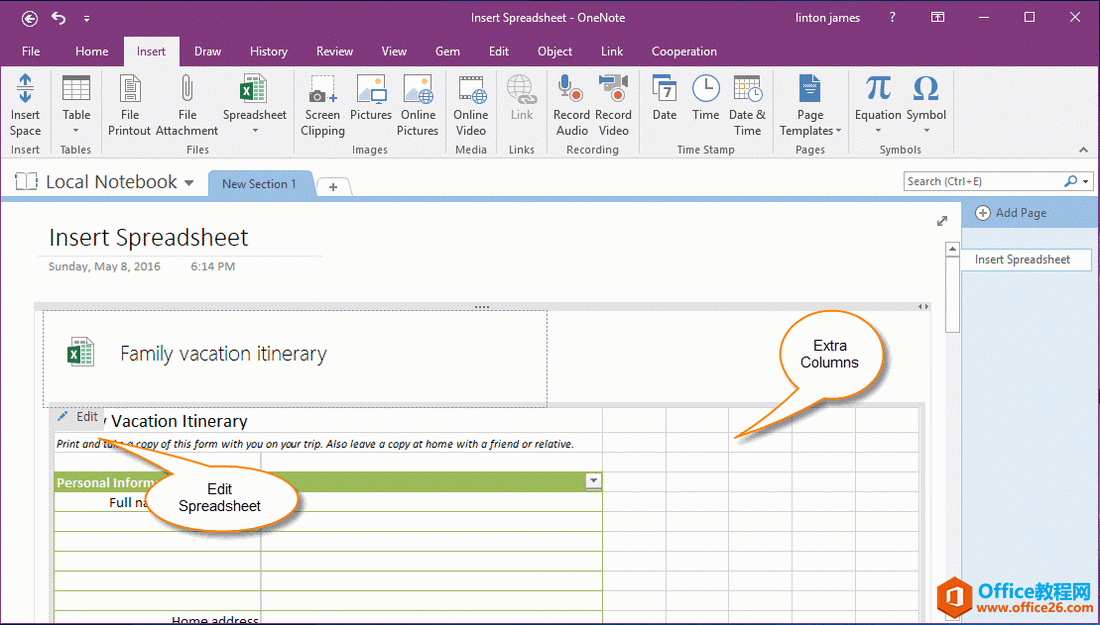 OneNote @ʾ Excel Ŀհ