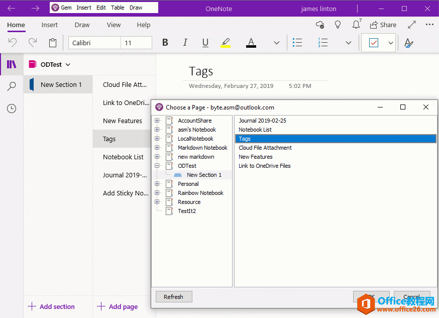 選擇標記所在的 OneNote 頁面